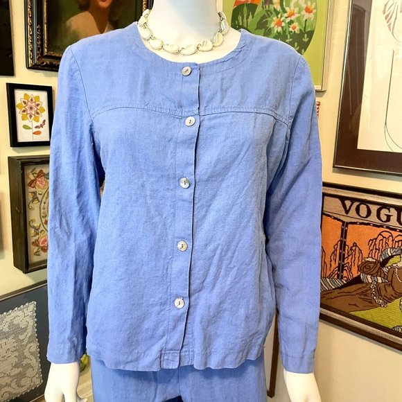 80s Vintage Palisades Blue 100% Linen Long Sleeve Button Front Top and Pant Set - Picture 2 of 4